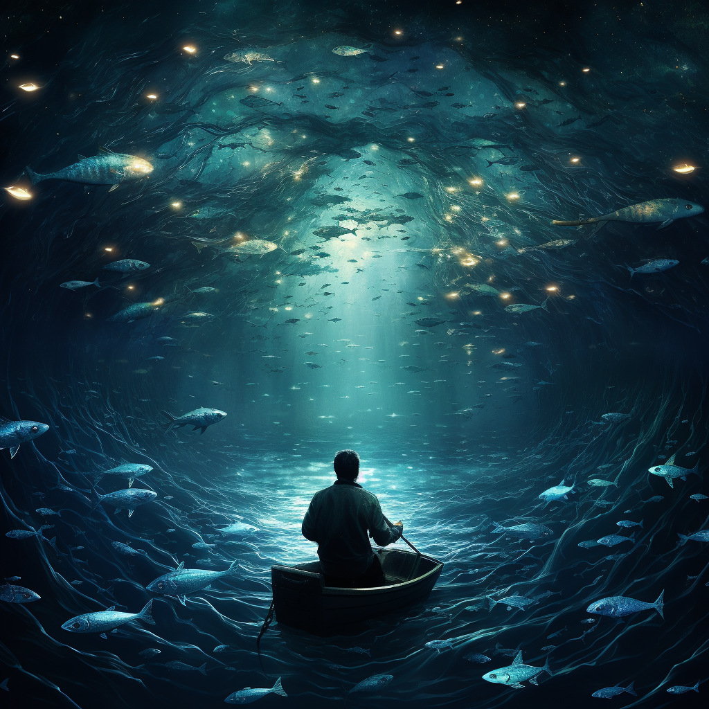 Writer fishing in cosmic ocean