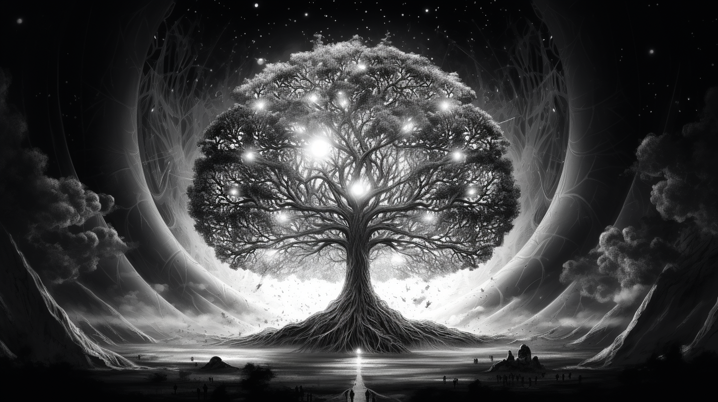 Black and white cosmic tree of life