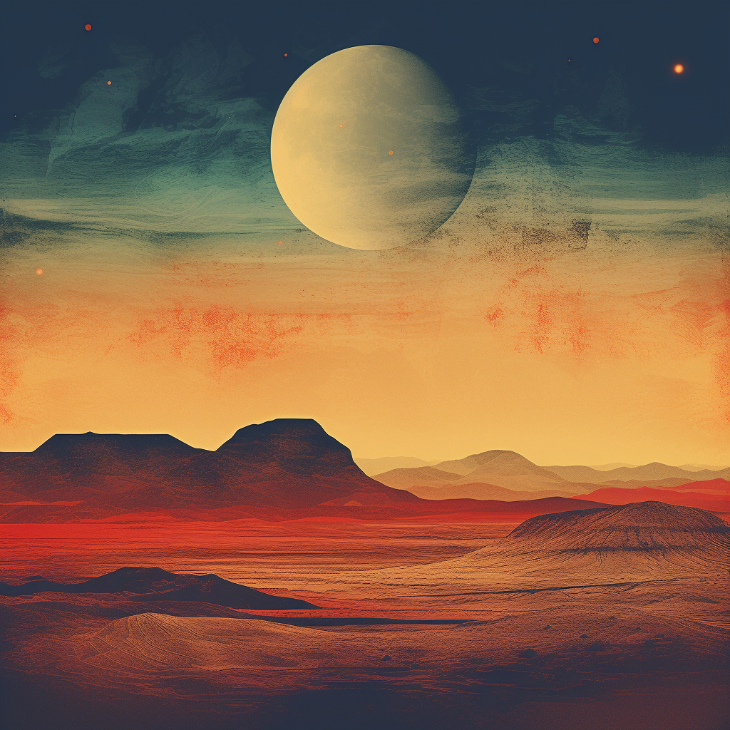 Cosmic desert with golden moon and colorful art