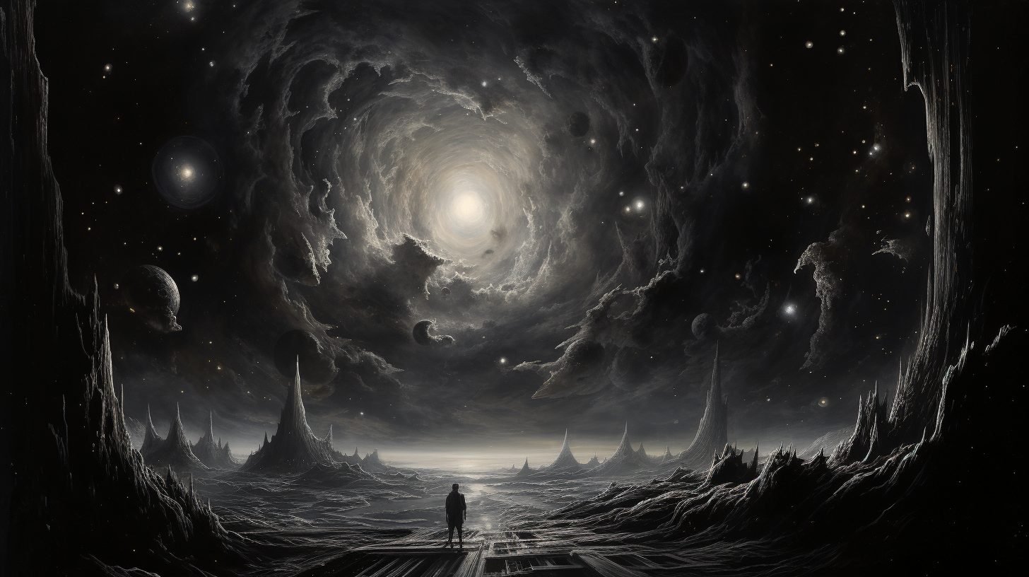 Black and white cosmic scene artwork