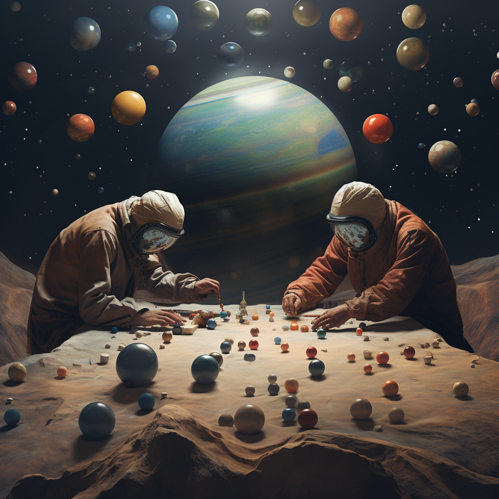 Two cosmic giants playing marbles with planets