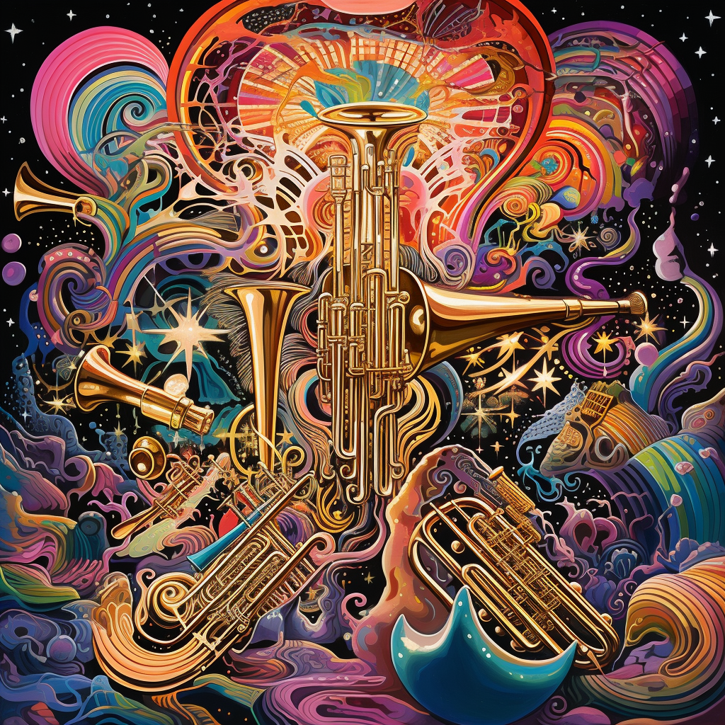 Psychedelic brass instruments creating cosmic music