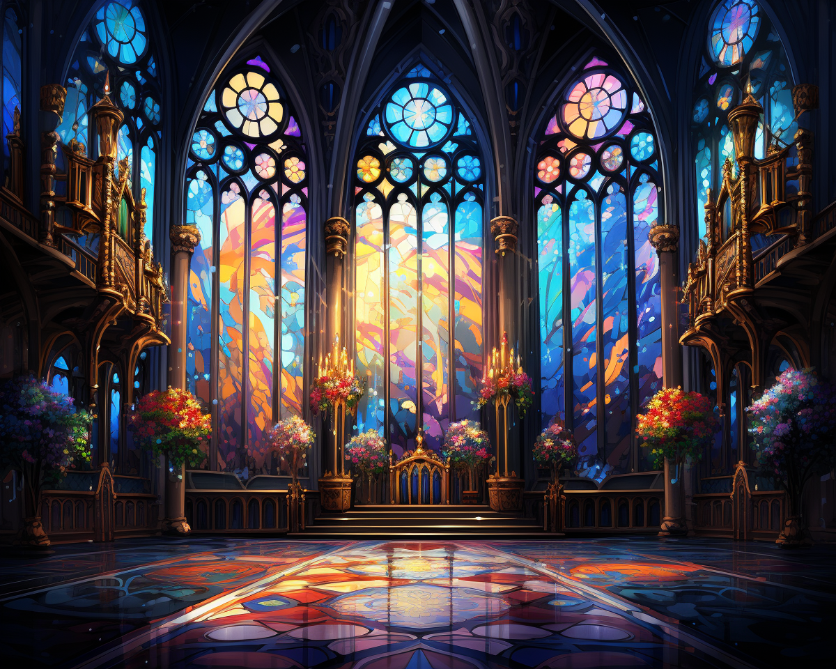 Colorful styled stained glass windows in the Cosmos Cathedral