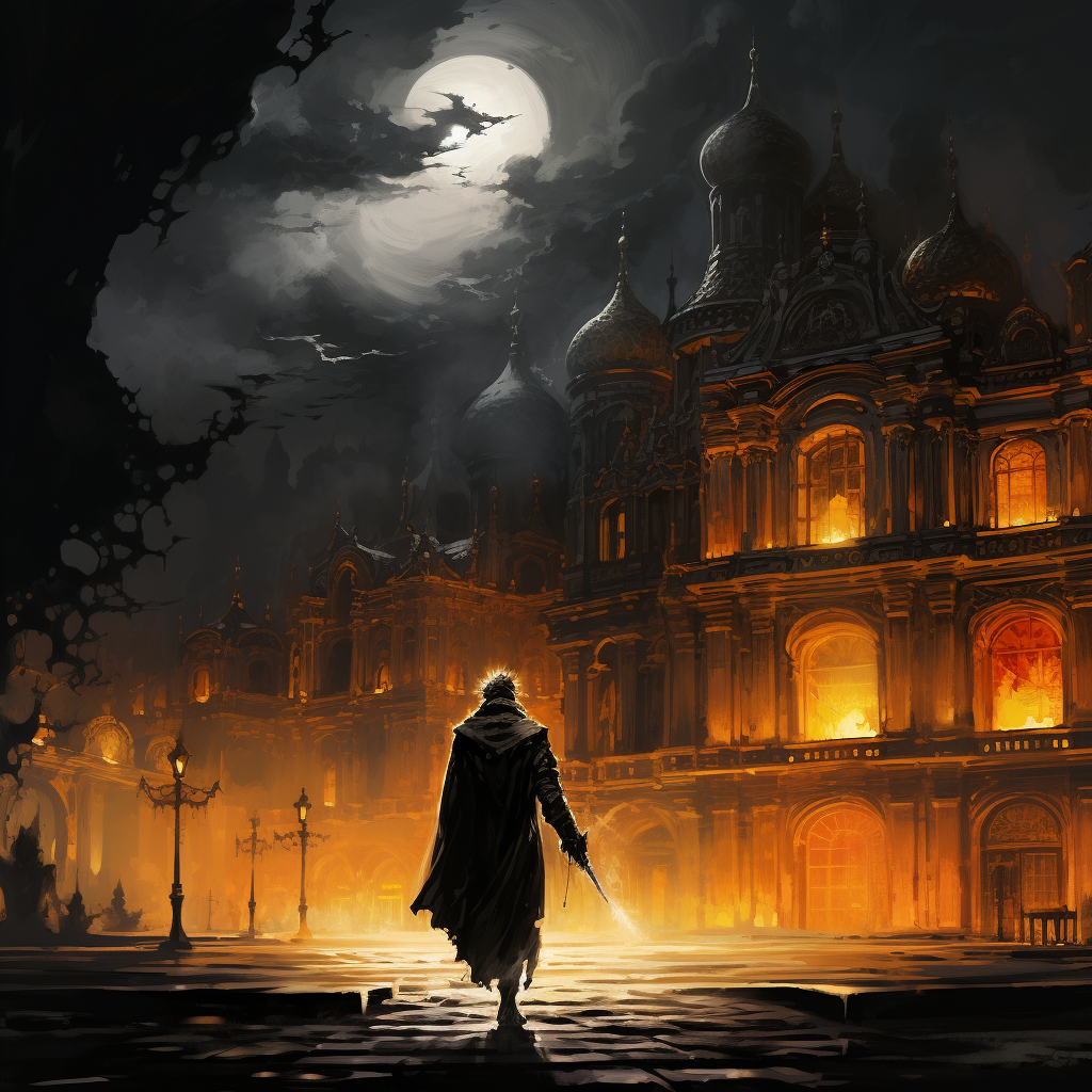 Cossack man in burning palace at night