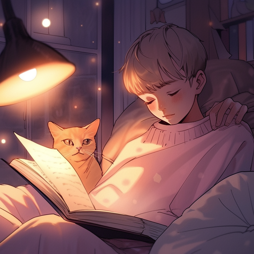 Anime cat reading in dim light