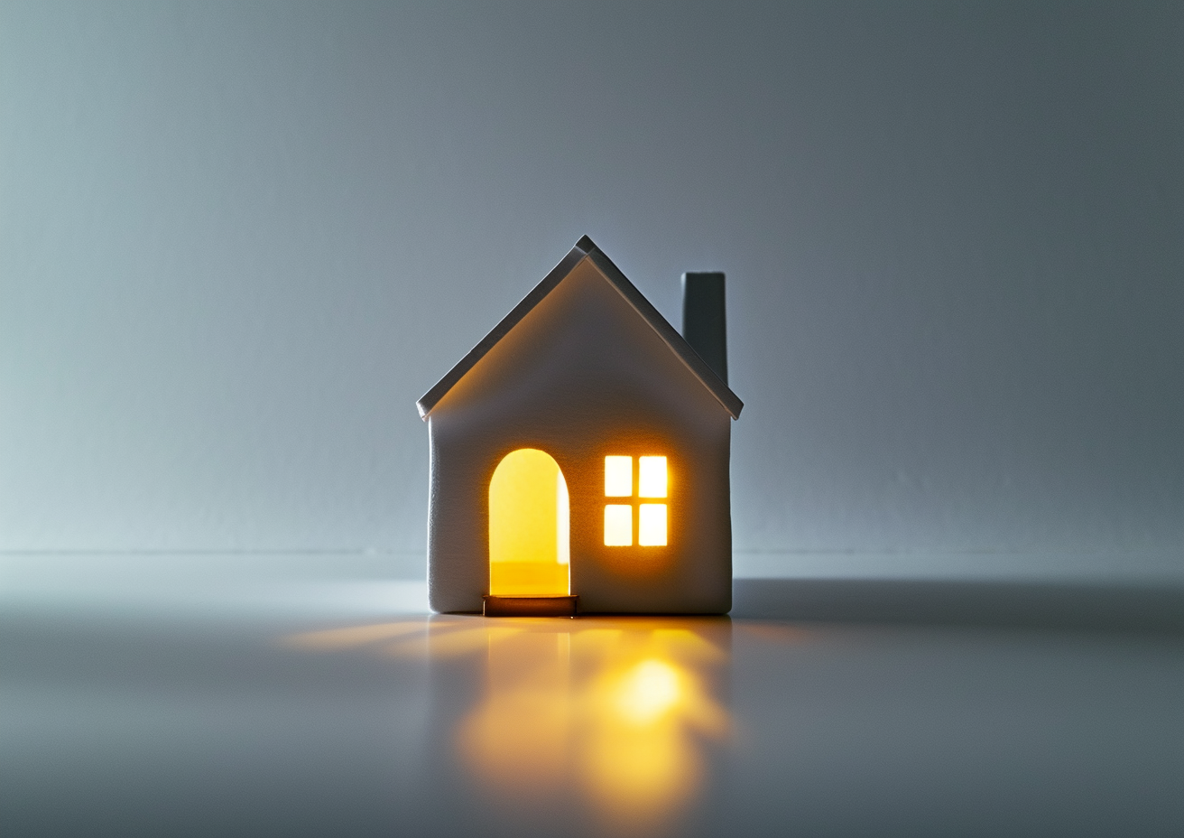 Cozy house with yellow lights in window