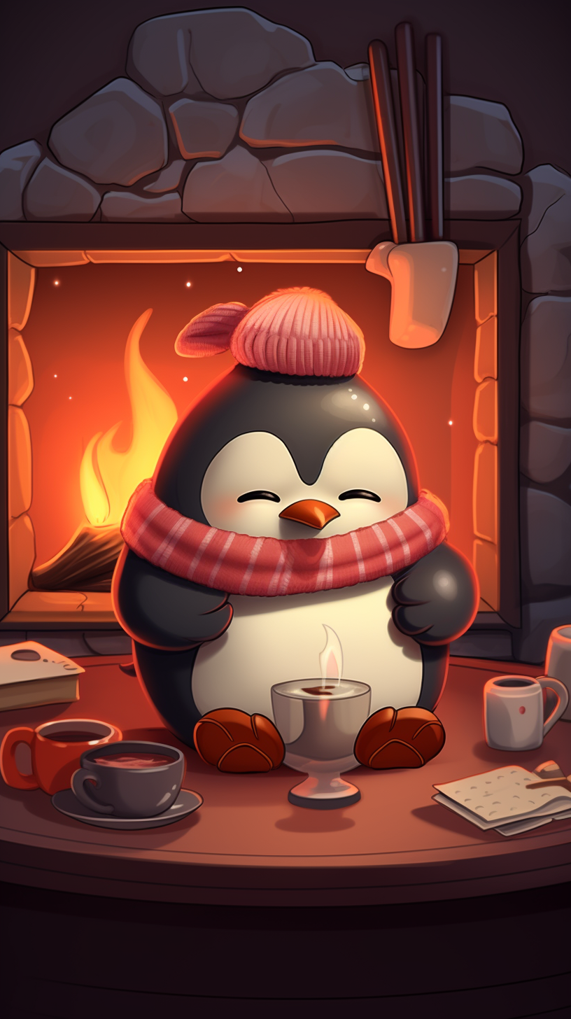 Adorable penguin sipping hot chocolate by the fireplace