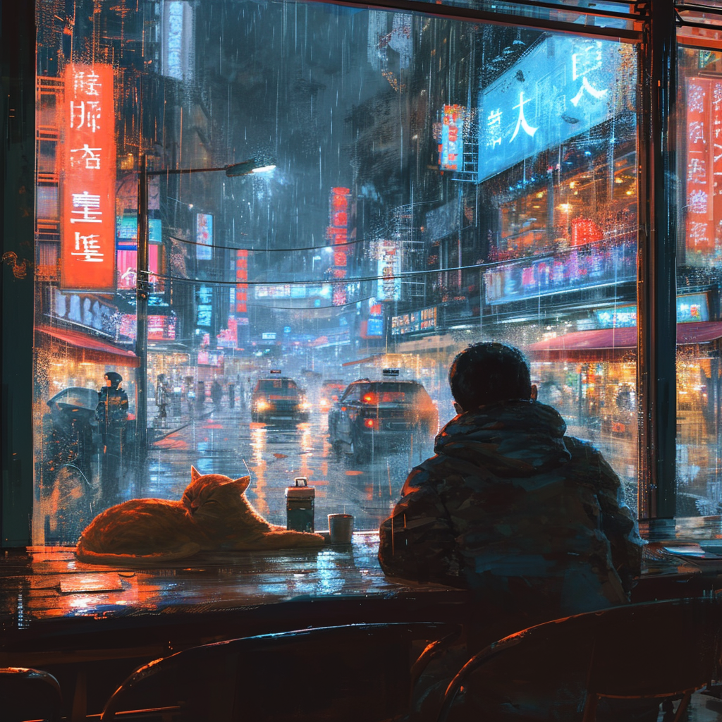 Man in Cafe Looking Out Window at Rainy Streets