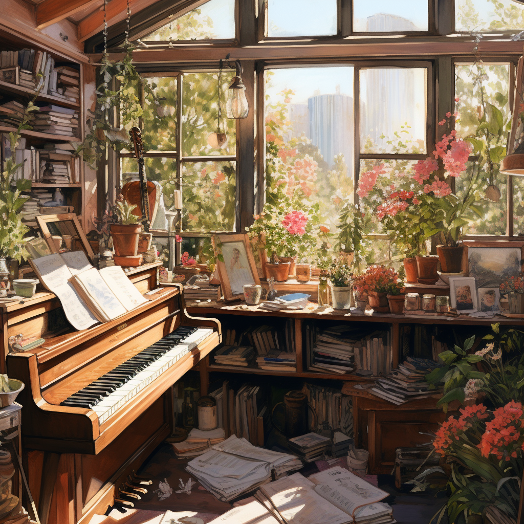 Cozy room with piano and painting supplies