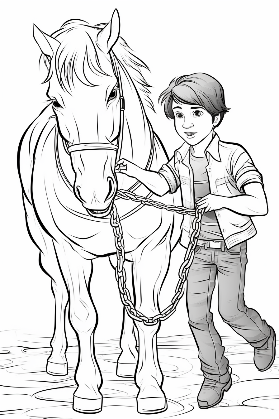 Country boy chains huge furious horse cartoon