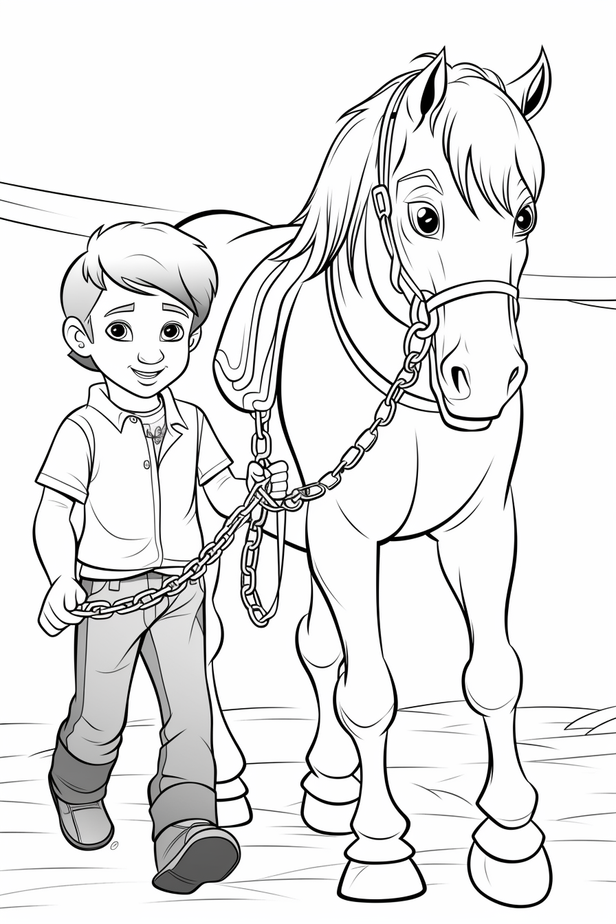 Country boy chains huge furious horse cartoon