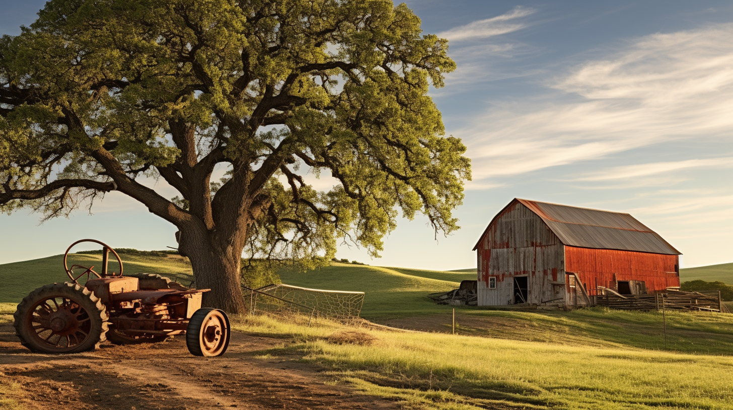 Beautiful country landscape with barn and oak tree