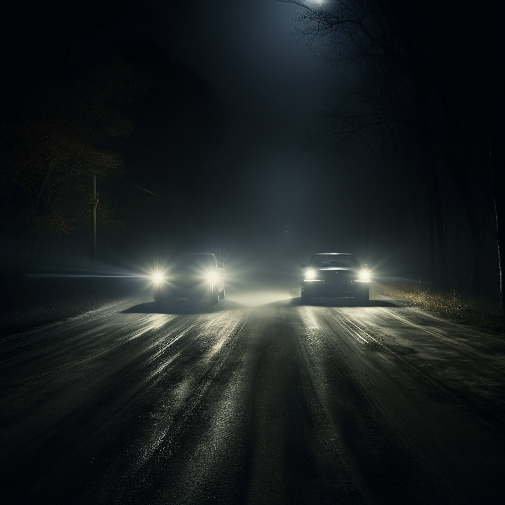 Cars driving on country road at night with different headlights