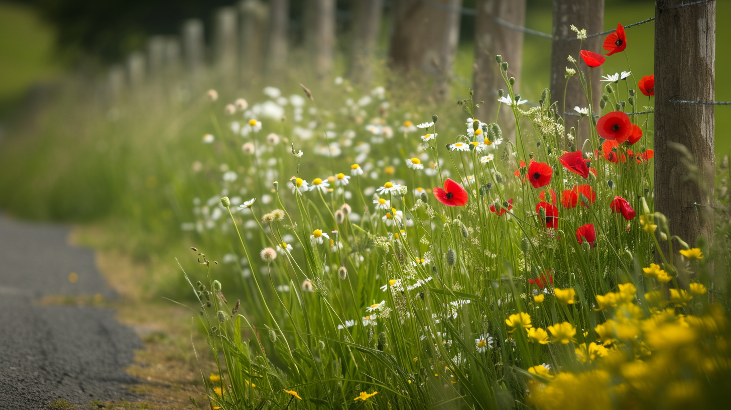 Country road with summer wildflowers by the fence