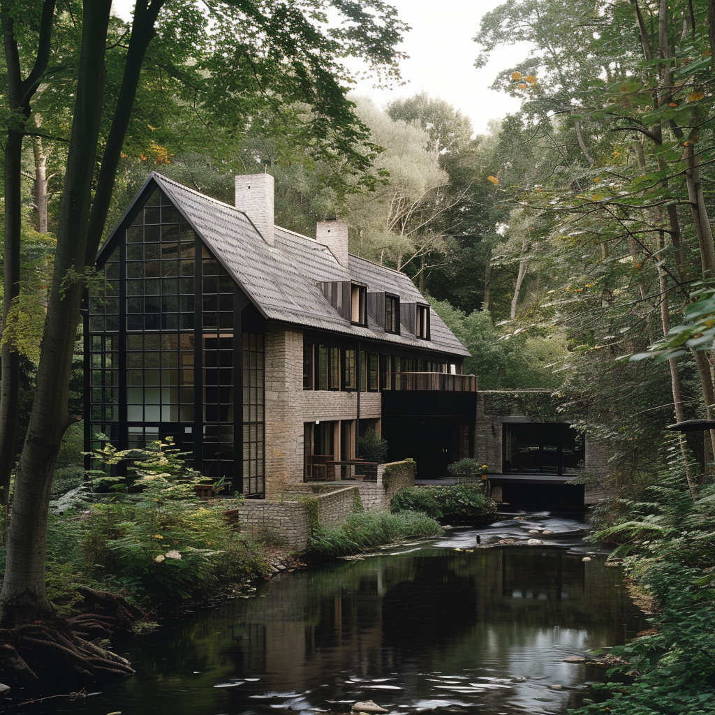 Classic converted countryside forest mill near river