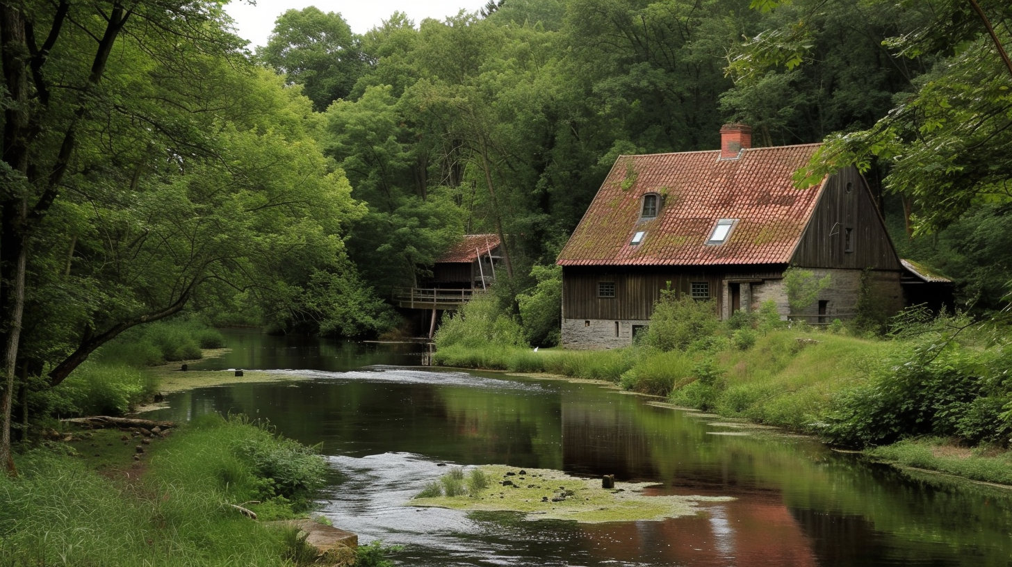 Exterior shot of classic converted countryside forest mill near river in Denmark