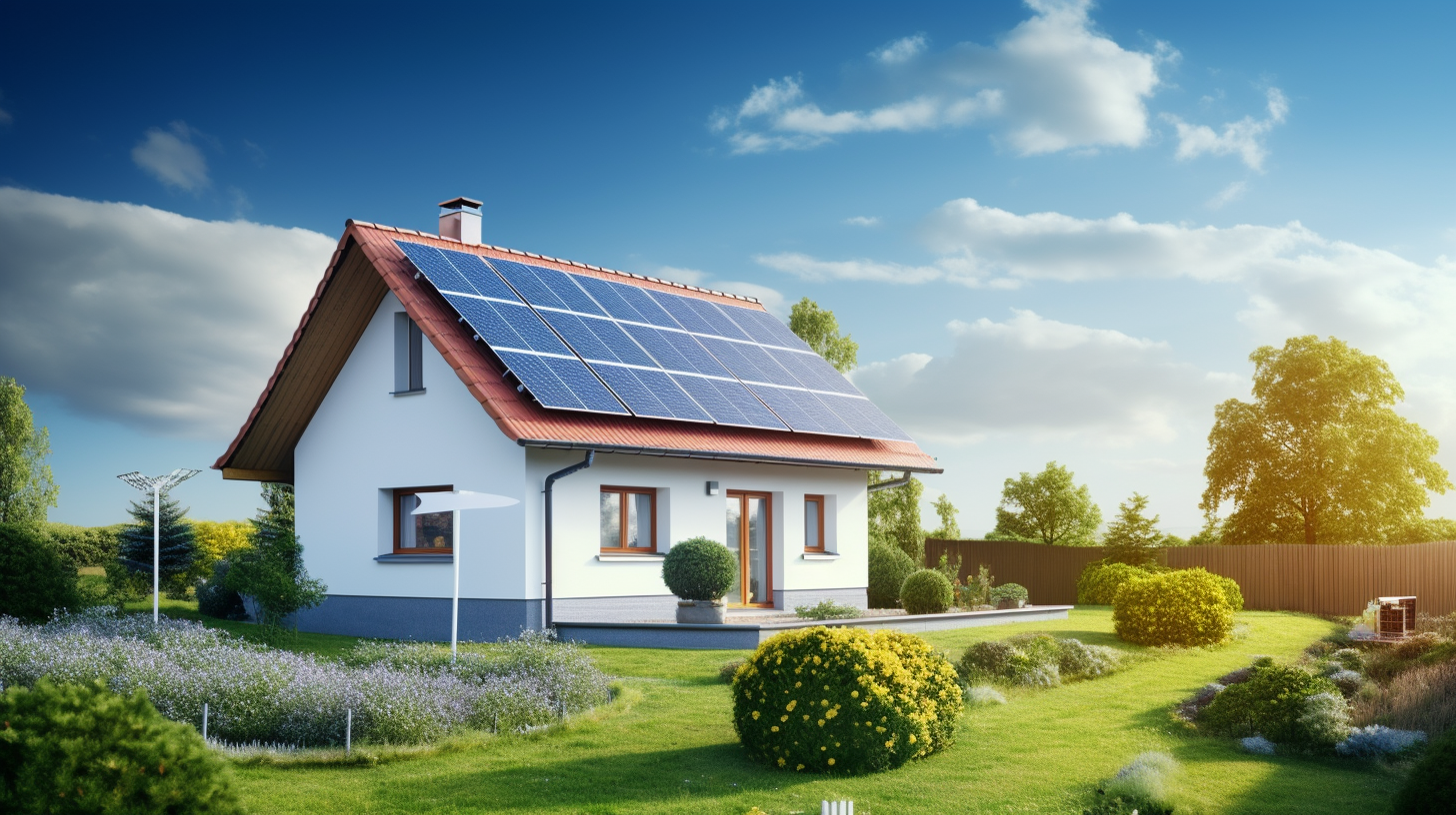 Countryside house with tile roof, solar panel, and wind turbine