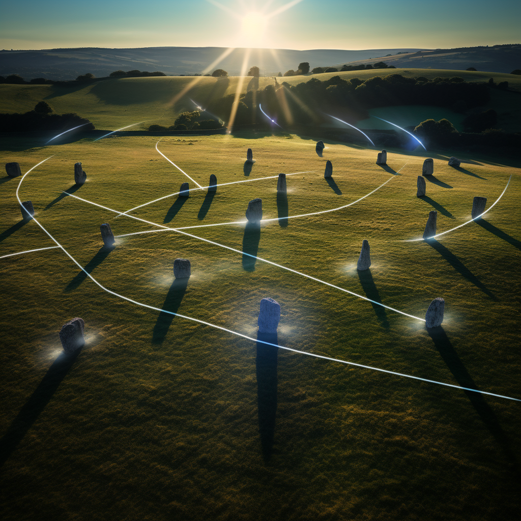 Stone circle lines network in English countryside