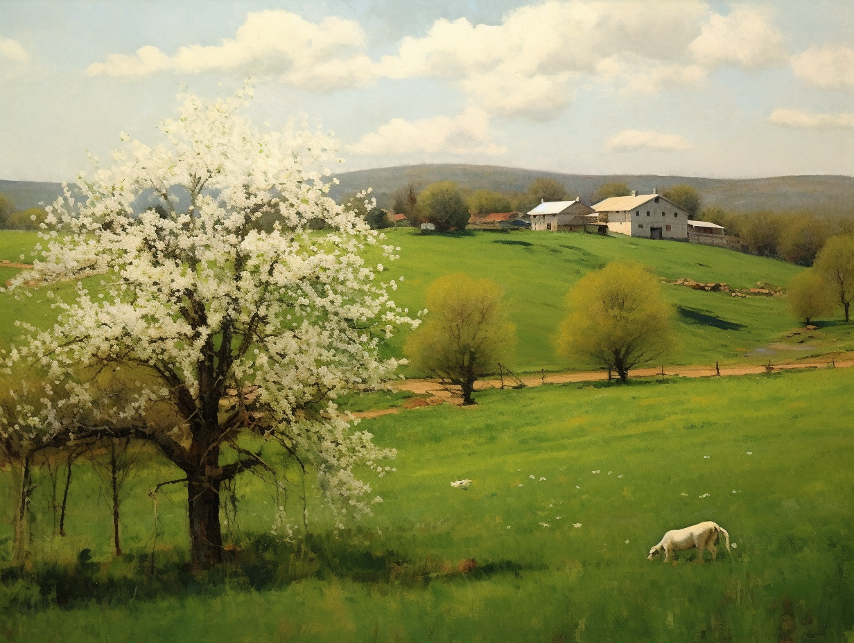 Oil painting of rolling green hills with white flowers and a grazing white horse