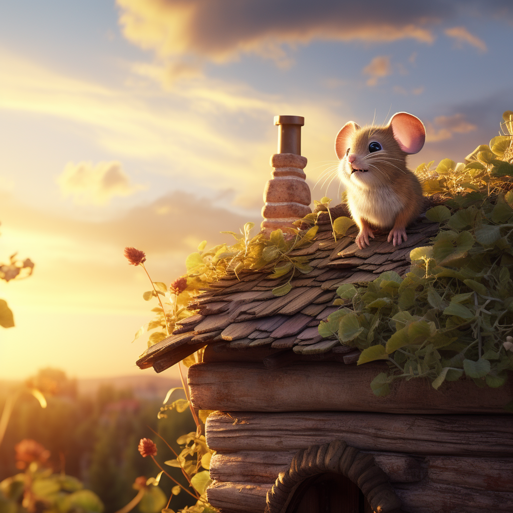 Mouse and bird on countryside roof