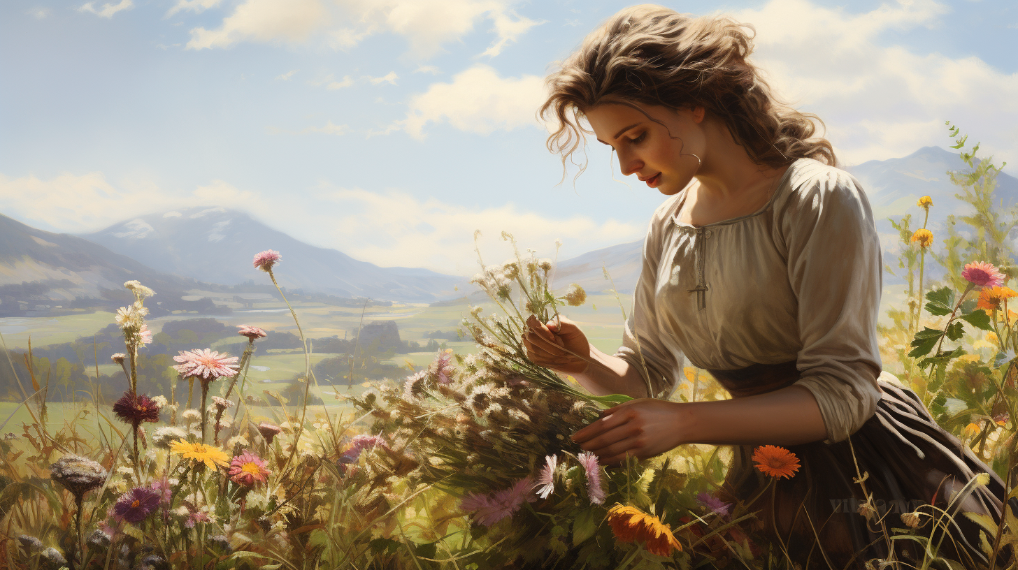 Woman picking flowers in countryside