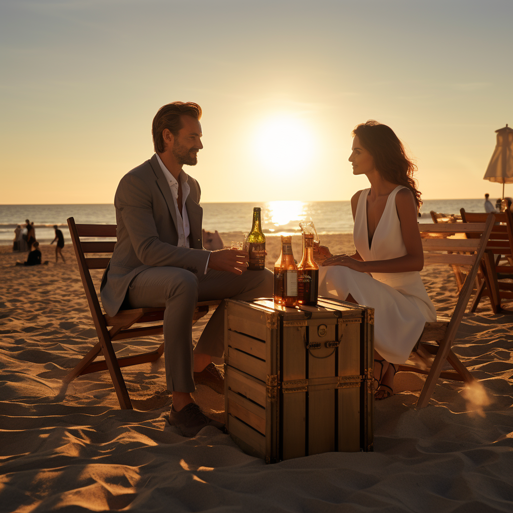 Happy couple on beach at sunset