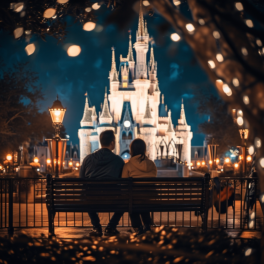 Couple sitting on bench in front of Disney Castle with sparkles