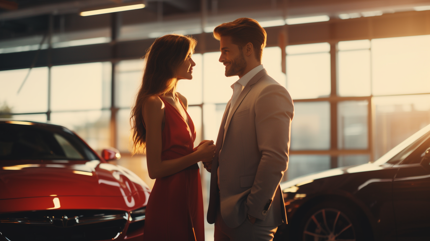 Couple buying a red car in an automotive agency