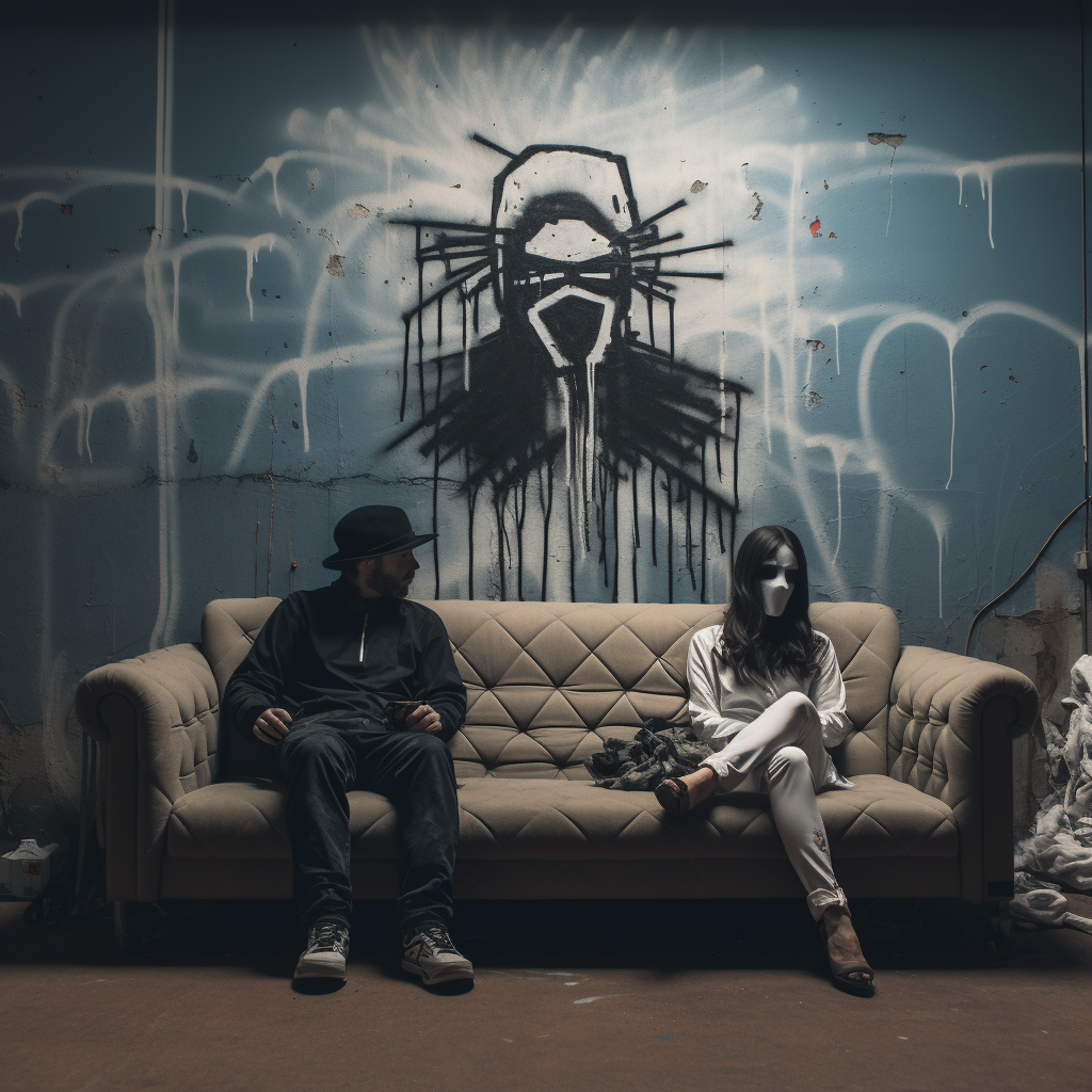 Couple relaxing on sofa in Banksy-inspired art