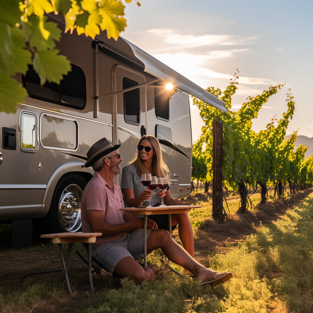 Couple enjoying wine surrounded by grapevines