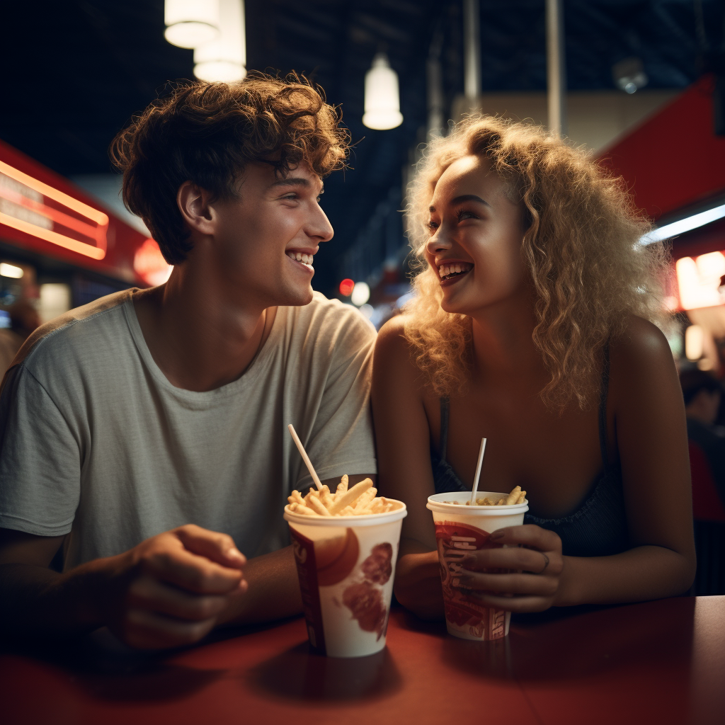 Couple enjoying French fries at KFC