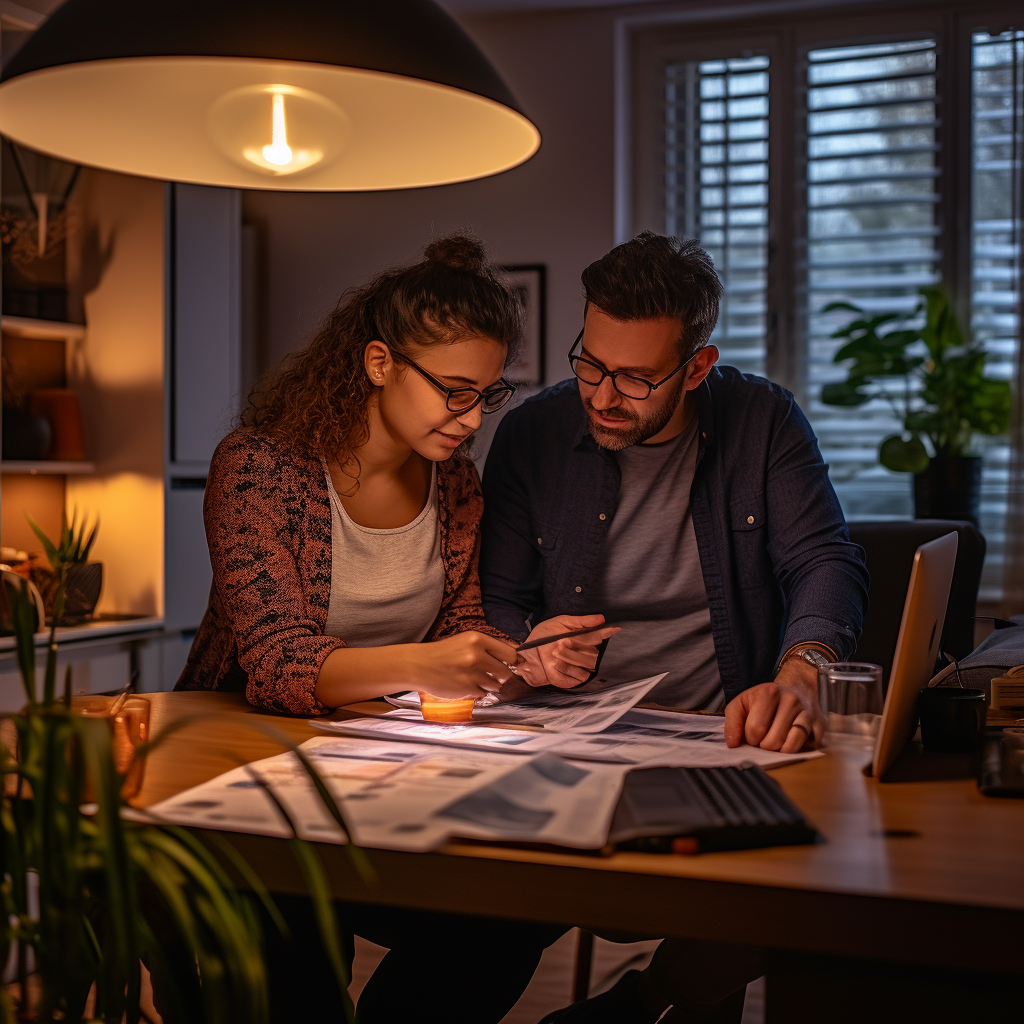 Couple examining financial documents with calculator, laptop, and brochures