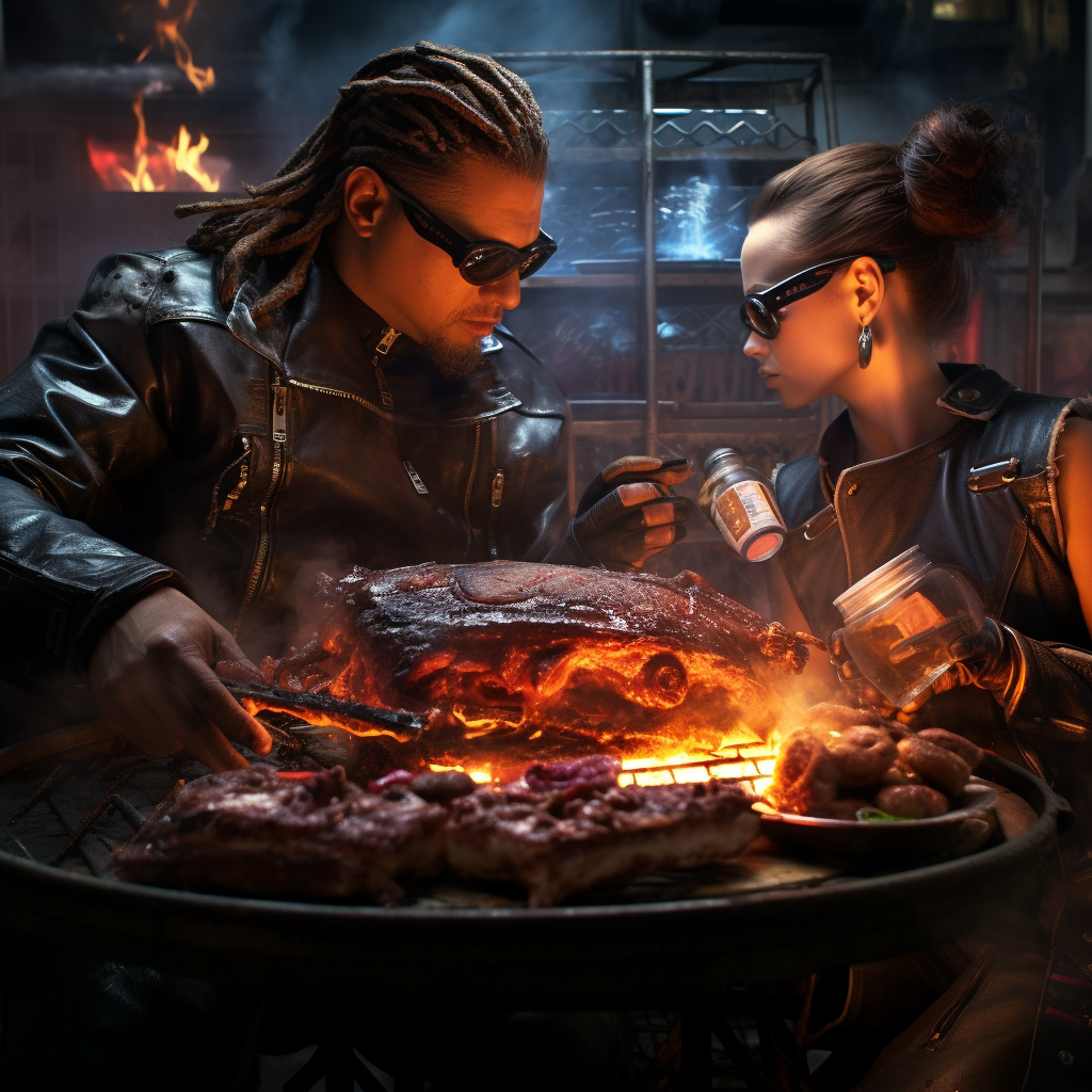 Couple enjoying a rare BBQ in cyberpunk setting