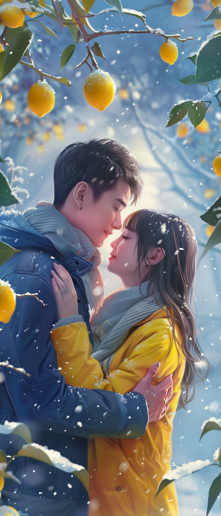 Couple Hugging Among Lemons on Blue Gradient