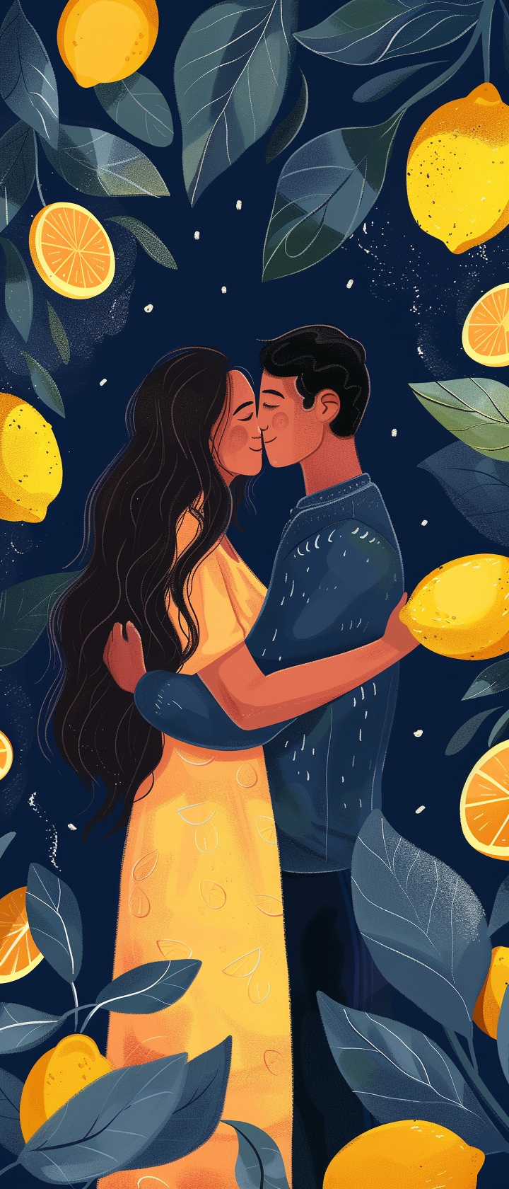 Couple Hugging with Lemons on Blue Background