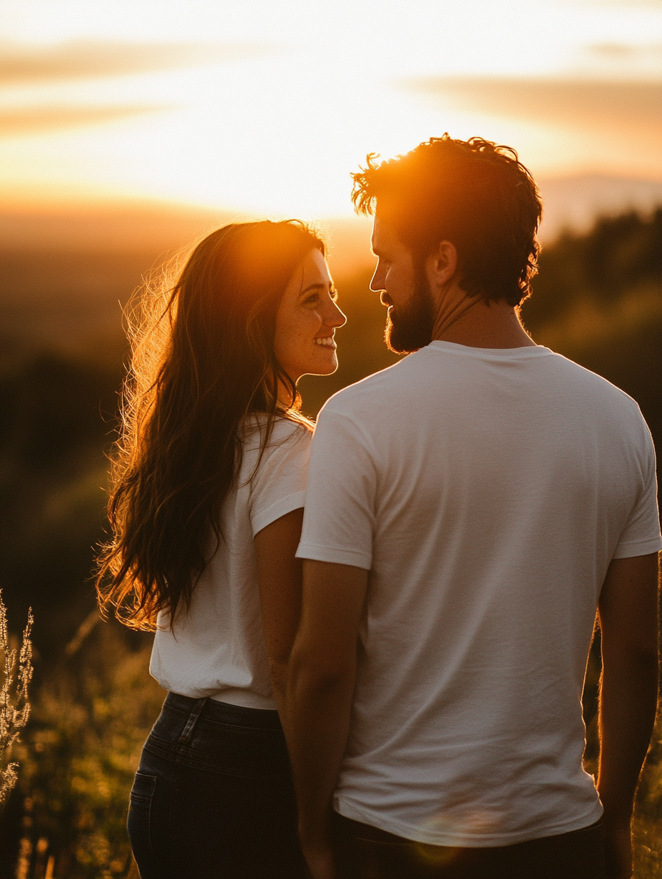 couple in 30s standing in front of sunset