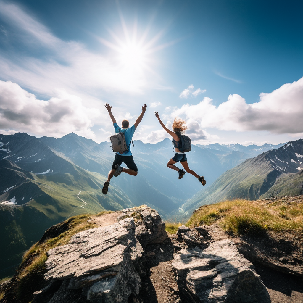 Couple Jumping on Mountain