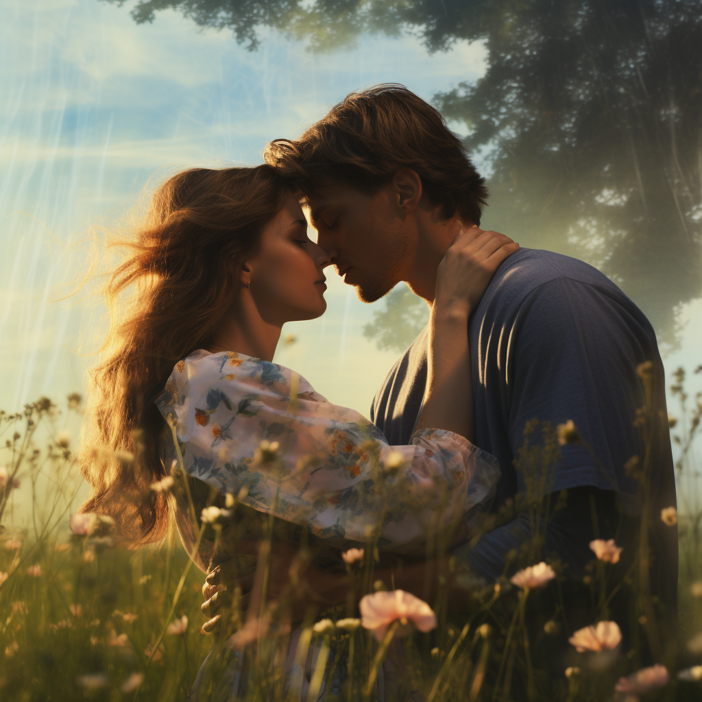 Loving couple kisses in meadow