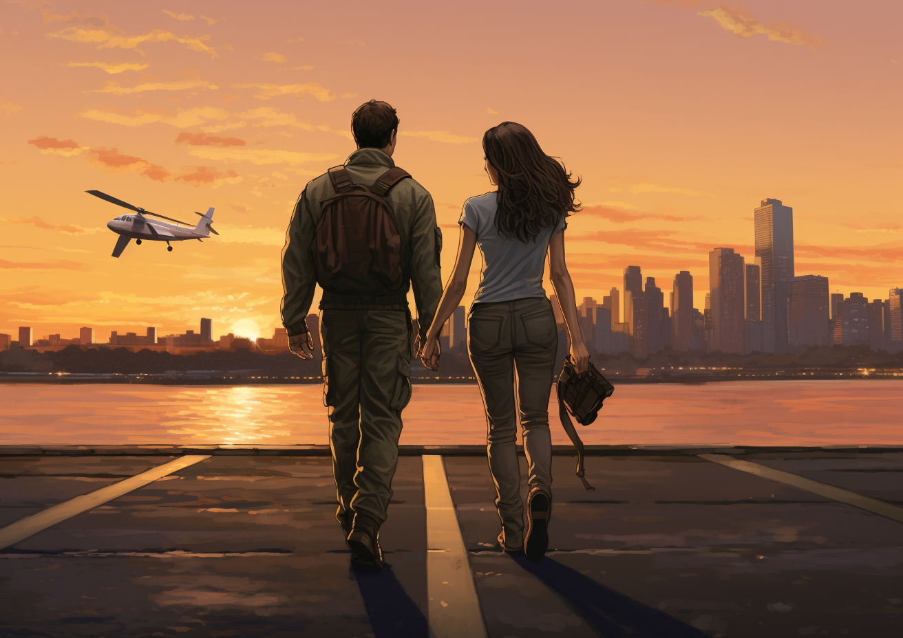 Couple walking to helicopter at sunset