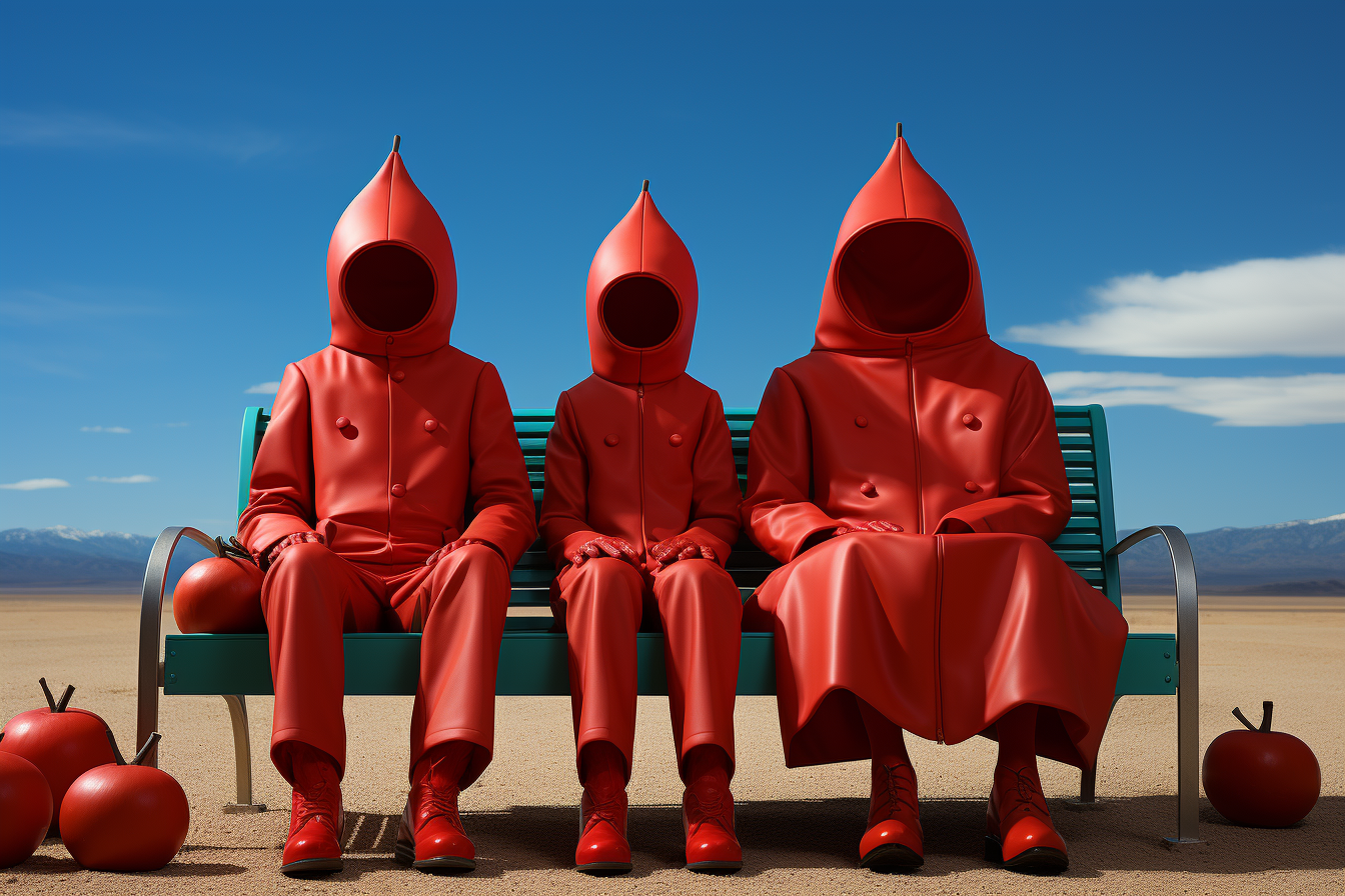 Couple sitting on bench with red tomato heads