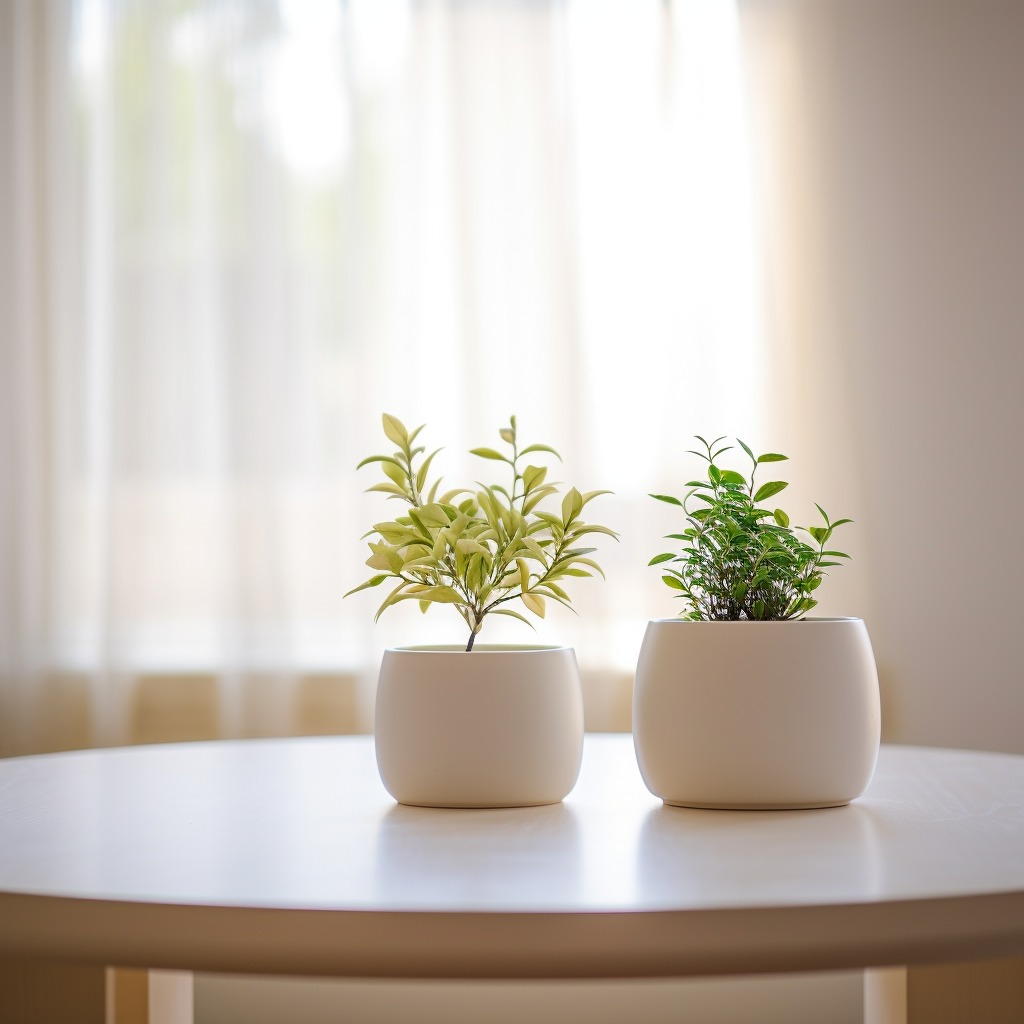 Two potted plants on a table (max 6 words)