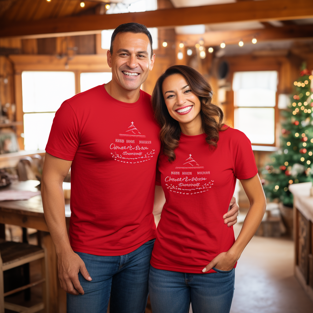 Couple wearing red t-shirts in farmhouse Christmas scene