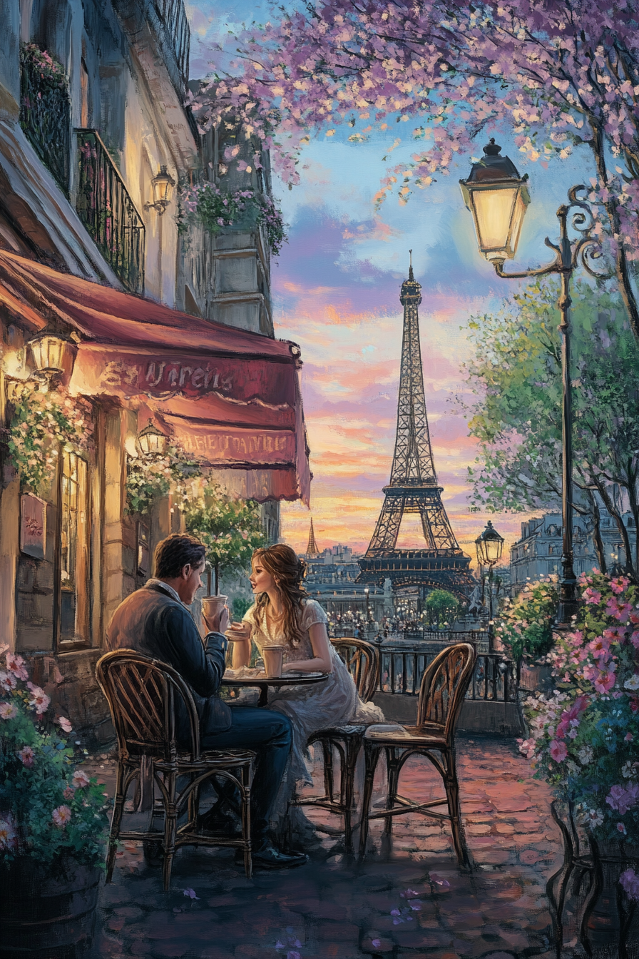 couple sipping coffee outside Parisian café with Eiffel Tower view.