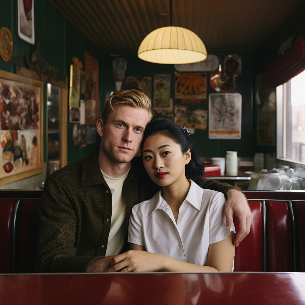 Asian woman with white man at diner