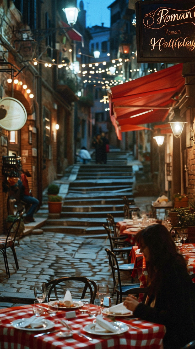 Couple in Italian restaurant with red and white tablecloth in Rome