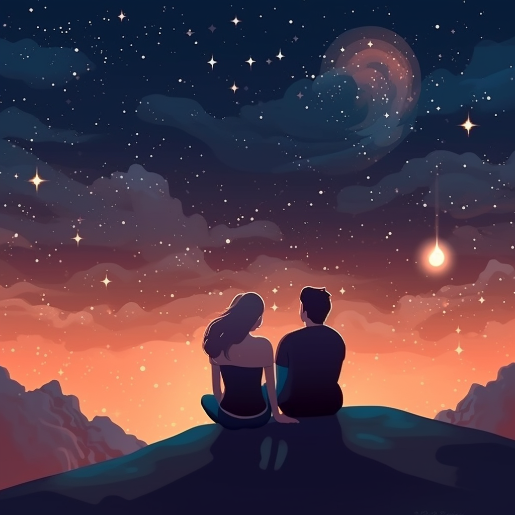 Couple Looking at Sky Heart Stars