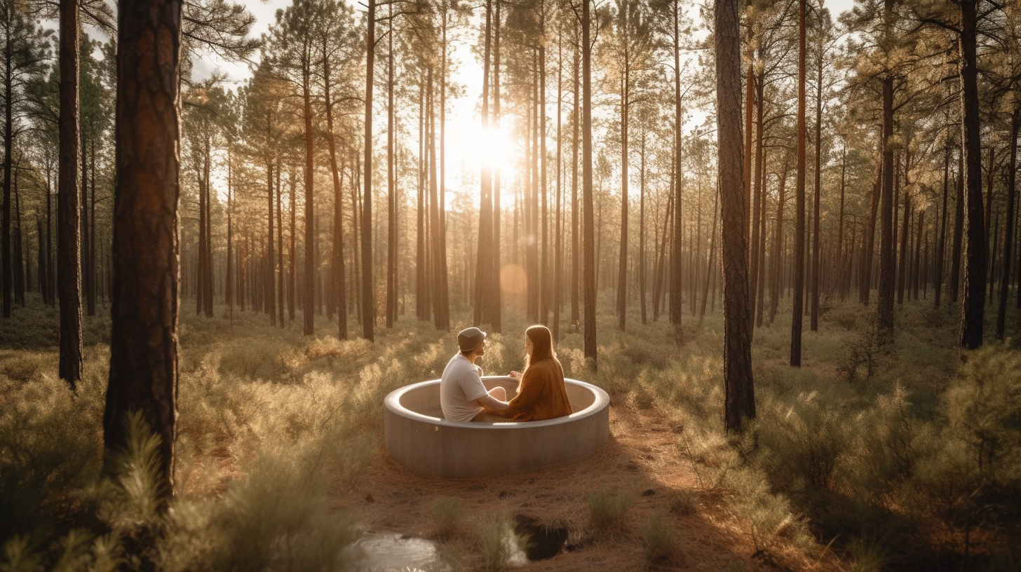 Couple enjoying outdoor bathtub surrounded by pine forest