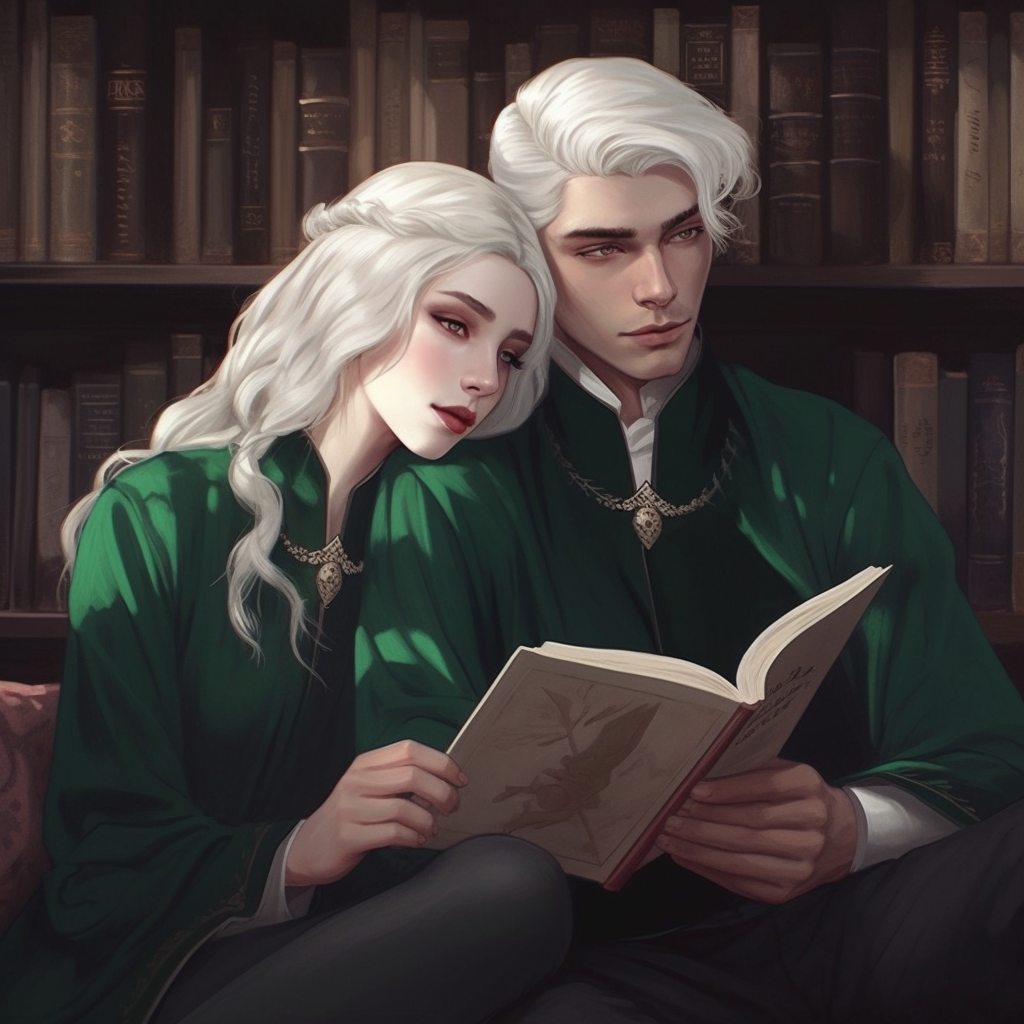 Couple in Slytherin Uniform reading together