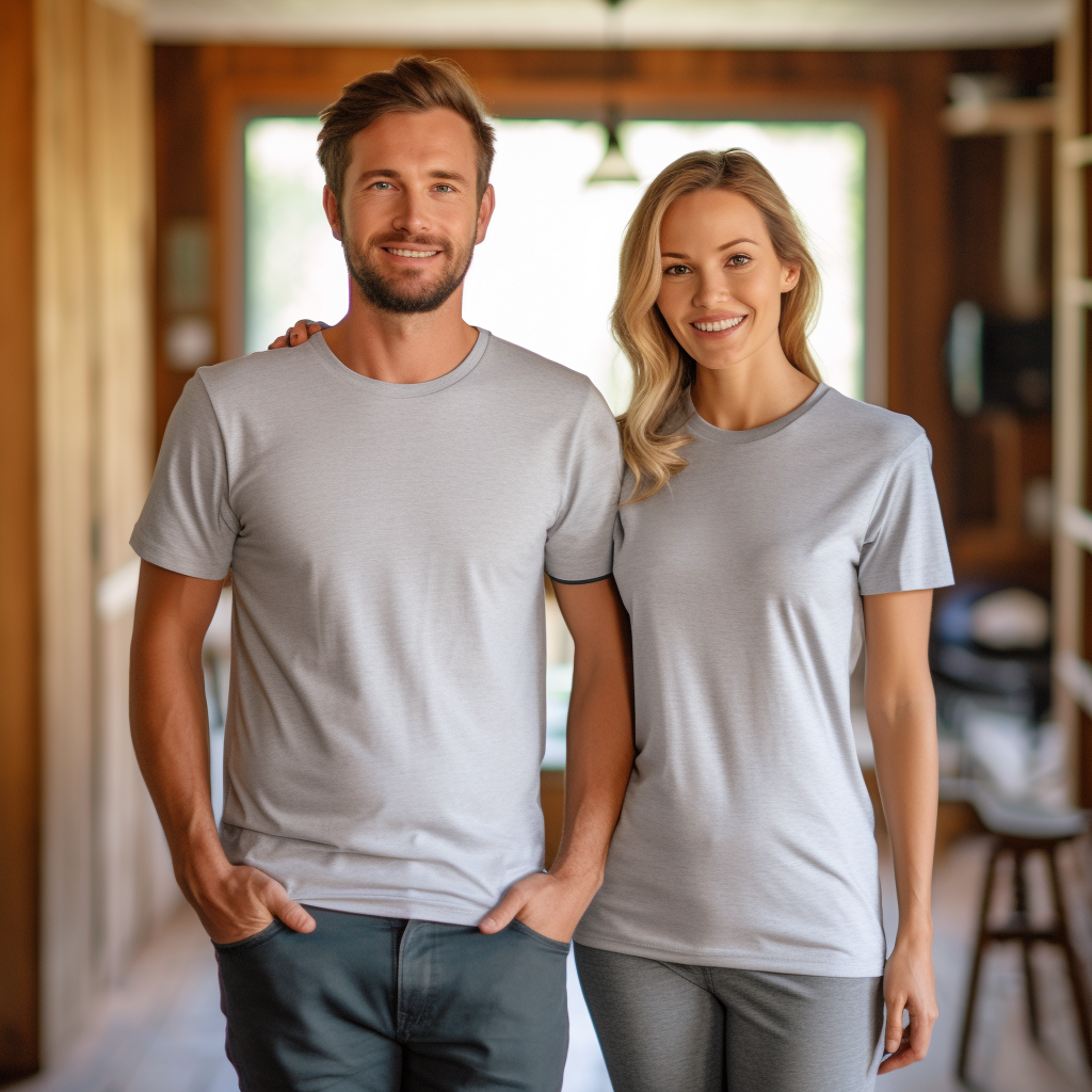 Couple wearing sport gray t-shirts in farmhouse livingroom