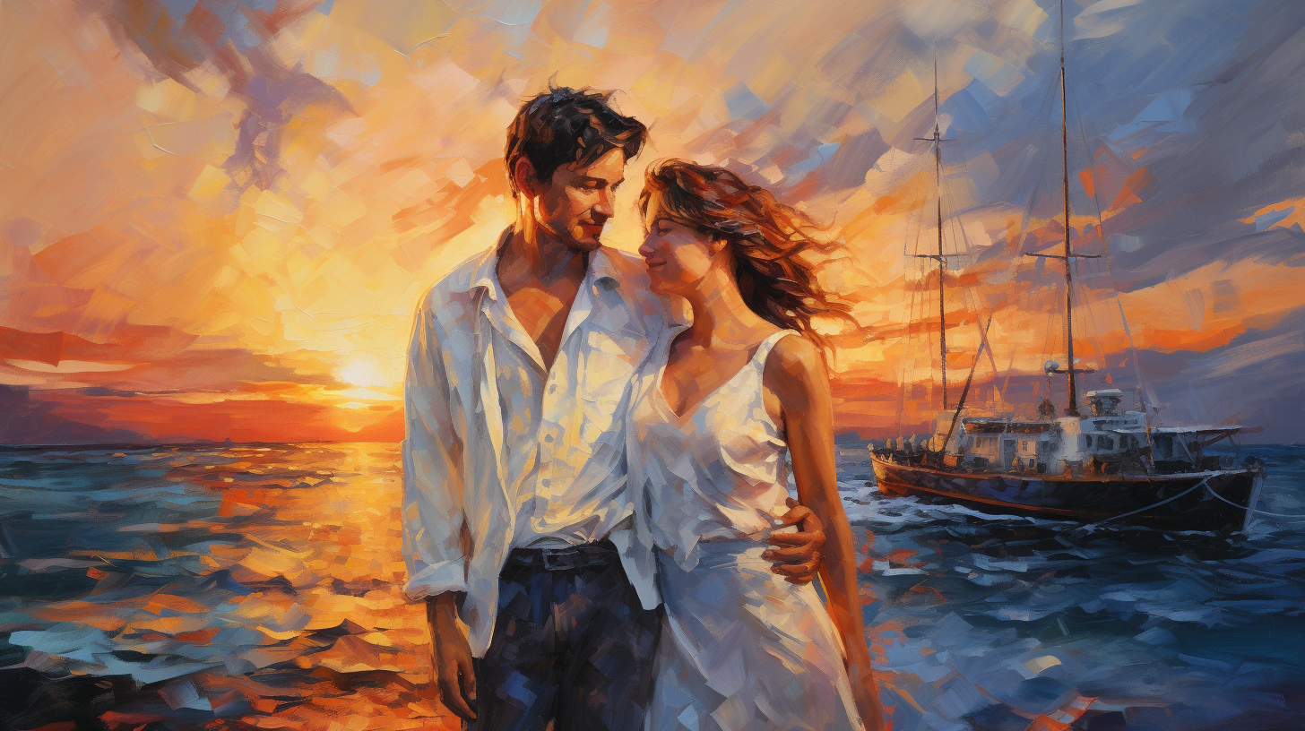 Couple standing in front of azure ocean sunset